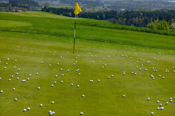 Golf Green with Flag Stick and Many Golf Balls in Switzerland