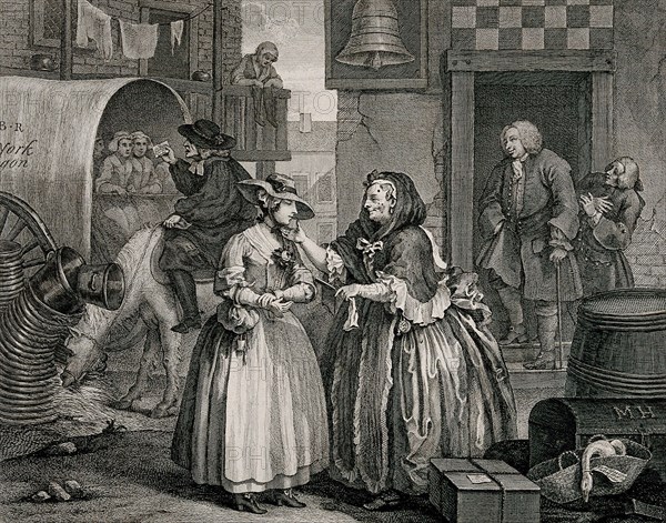 Moll Hackabout is greeted by the brothel landlady Mother Needham. The scene takes place in the courtyard of the Bell Inn