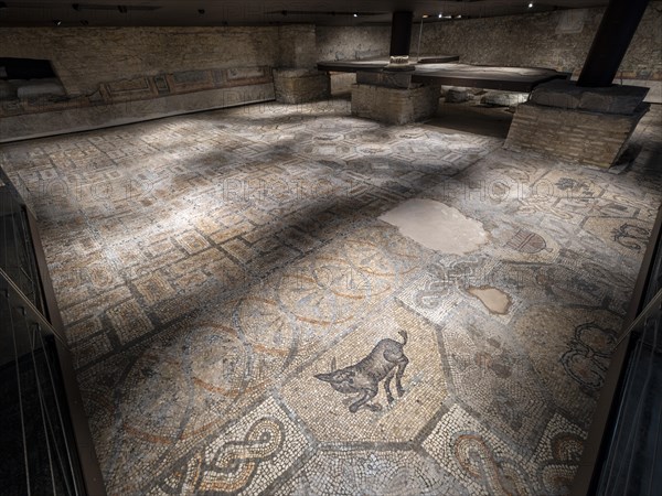 Crypt of the excavations with floor mosaics from the 4th century AD under the bell tower of the Romanesque basilica at Aquileia