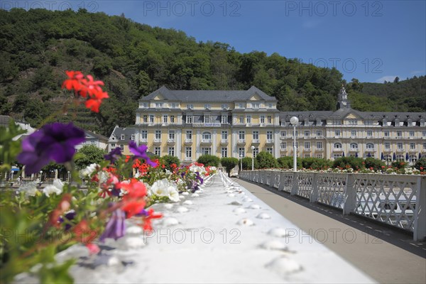 Flower decoration at the Kurbruecke over the Lahn and Hotel spa hotel