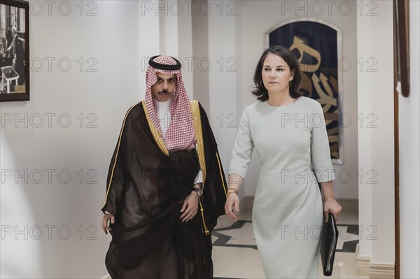 (R-L) Annalena Baerbock (Buendnis 90 Die Gruenen), Federal Minister of Foreign Affairs, meets Prince Faisal bin Farhan Al Saud, Foreign Minister of Saudi Arabia, for joint talks in Jeddah, 15 May 2023. Baerbock travels to Saudi Arabia and Qatar on her three-day trip, Jeddah, Saudi Arabia, Asia