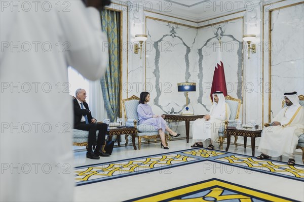 (L-R) Annalena Baerbock (Buendnis 90 Die Gruenen), Federal Minister for Foreign Affairs, and Sheikh Mohammed bin Abdulrahman bin Jassim Al Thani, Prime Minister and Minister of Foreign Affairs of Qatar, photographed during a joint meeting in Doha, 17.05.2023. Baerbock is travelling to Saudi Arabia and Qatar on her three-day trip., Doha, Qatar, Asia