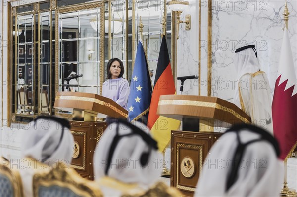 (L-R) Annalena Baerbock (Buendnis 90 Die Gruenen), Federal Minister for Foreign Affairs, and Sheikh Mohammed bin Abdulrahman bin Jassim Al Thani, Prime Minister and Minister of Foreign Affairs of Qatar, pictured during a joint press conference in Doha, 17.05.2023. Baerbock is travelling to Saudi Arabia and Qatar on her three-day trip., Doha, Qatar, Asia