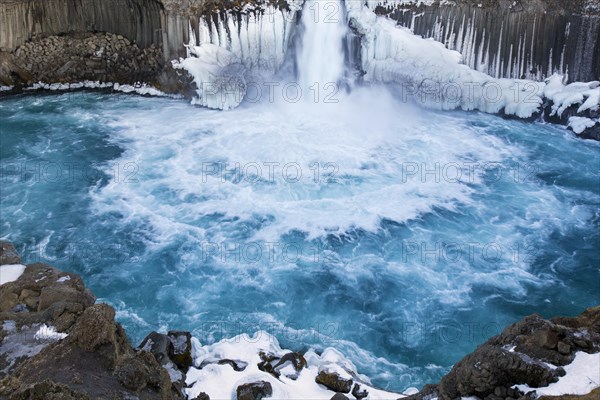 Aldeyjarfoss waterfall on the river Skjalfandafljot in winter in the Northeastern Region