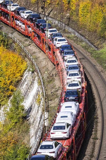 Goods train with new Mercedes cars on the Geislinger Steige