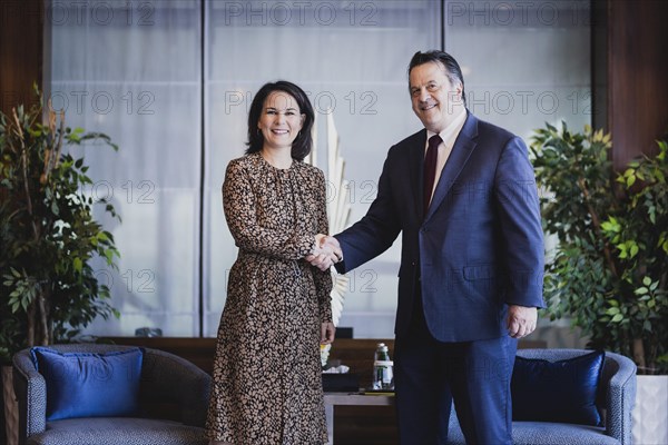 (L-R) Annalena Baerbock (Buendnis 90 Die Gruenen), Federal Minister for Foreign Affairs, and William David Gressly, United Nations Humanitarian Coordinator for Yemen, pictured during a joint meeting in Jeddah, 16 May 2023. Baerbock is travelling to Saudi Arabia and Qatar on her three-day trip., Jeddah, Saudi Arabia, Asia