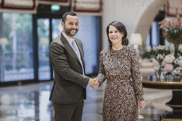 (R-L) Annalena Baerbock (Buendnis 90 Die Gruenen), Federal Minister for Foreign Affairs, and Max Tunon, Head of the Project Office of the International Labour Organization (ILO), photographed during a joint meeting in Doha, 16 May 2023. Baerbock is travelling to Saudi Arabia and Qatar during her three-day trip., Doha, Qatar, Asia