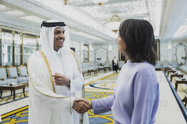 (R-L) Annalena Baerbock (Buendnis 90 Die Gruenen), Federal Minister of Foreign Affairs, and Sheikh Mohammed bin Abdulrahman bin Jassim Al Thani, Prime Minister and Minister of Foreign Affairs of Qatar, photographed during a joint meeting in Doha, 17 May 2023. Baerbock is travelling to Saudi Arabia and Qatar during her three-day trip., Doha, Qatar, Asia