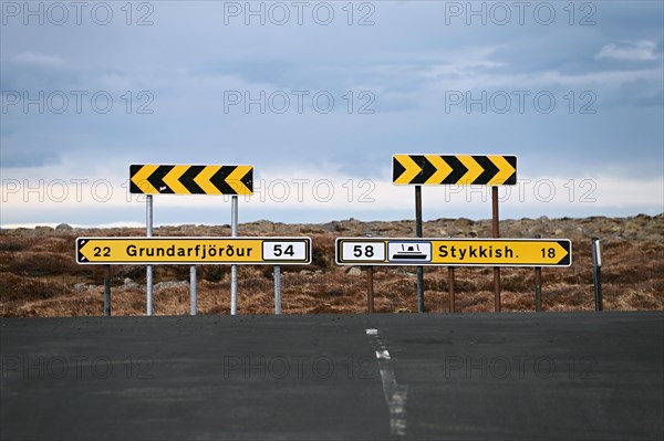 Road signs to Grundarfjoerdur and Stykkisholm on the Snaefellsnes peninsula in the west of Iceland