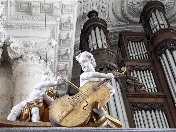 Detail of the organ with music-making putti figures in the Cathedral of St. Blasius in Sankt Blasien