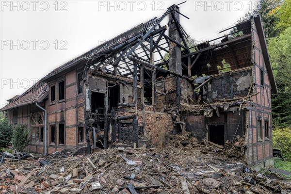Burnt down half-timbered house
