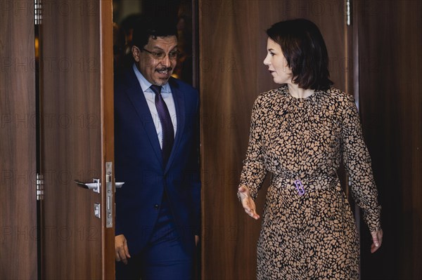 (R-L) Annalena Baerbock (Buendnis 90 Die Gruenen), Federal Minister of Foreign Affairs, and Ahmed Awadh bin Mubarak, Foreign Minister of Yemen, photographed during a joint meeting in Jeddah, 16 May 2023. Baerbock is travelling to Saudi Arabia and Qatar during her three-day trip., Jeddah, Saudi Arabia, Asia