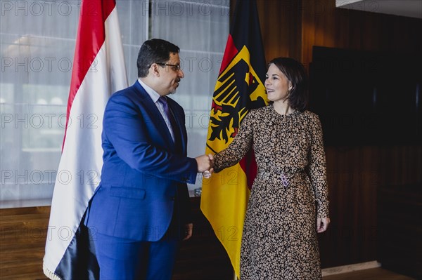 (R-L) Annalena Baerbock (Buendnis 90 Die Gruenen), Federal Minister of Foreign Affairs, and Ahmed Awadh bin Mubarak, Foreign Minister of Yemen, photographed during a joint meeting in Jeddah, 16 May 2023. Baerbock is travelling to Saudi Arabia and Qatar during her three-day trip., Jeddah, Saudi Arabia, Asia