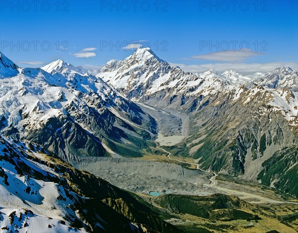Aerial view of Mount cook mountain range Southern Alps South Island New Zealand