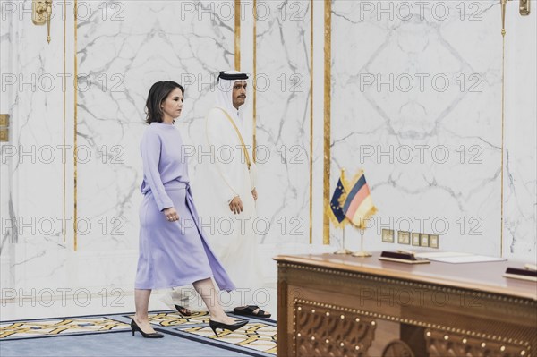 (L-R) Annalena Baerbock (Buendnis 90 Die Gruenen), Federal Minister for Foreign Affairs, photographed in front of signing a Memorandum of Understanding with Sheikh Mohammed bin Abdulrahman bin Jassim Al Thani, Prime Minister and Minister of Foreign Affairs of Qatar, in Doha, 17 May 2023. Baerbock is travelling to Saudi Arabia and Qatar during her three-day trip., Doha, Qatar, Asia