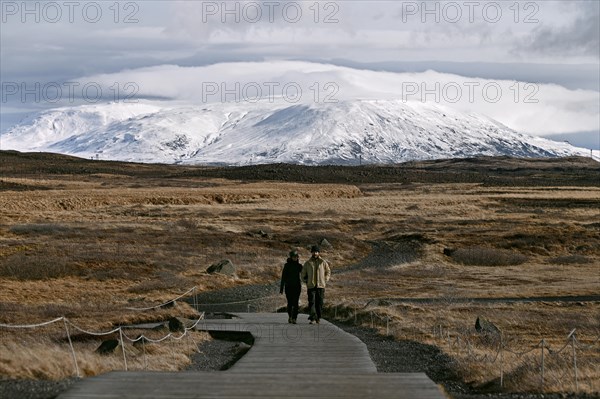 Wooden footbridge at Gullfoss waterfall in the south of Iceland