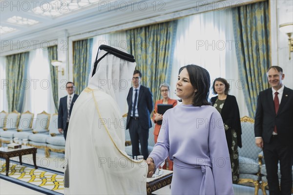 (R-L) Annalena Baerbock (Buendnis 90 Die Gruenen), Federal Minister of Foreign Affairs, and Sheikh Mohammed bin Abdulrahman bin Jassim Al Thani, Prime Minister and Minister of Foreign Affairs of Qatar, photographed during a joint meeting in Doha, 17 May 2023. Baerbock is travelling to Saudi Arabia and Qatar during her three-day trip., Doha, Qatar, Asia