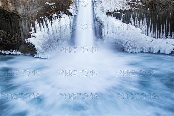 Aldeyjarfoss waterfall on the river Skjalfandafljot in winter in the Northeastern Region