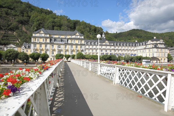 Flower decoration at the Kurbruecke over the Lahn and Hotel spa hotel