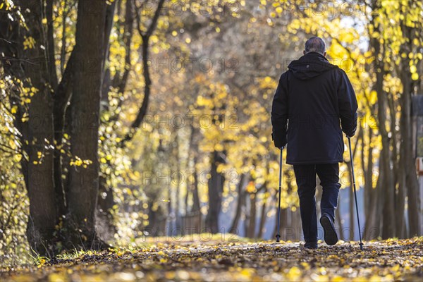 Old man with sticks taking a walk