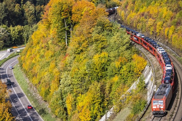 Goods train with new Mercedes cars on the Geislinger Steige