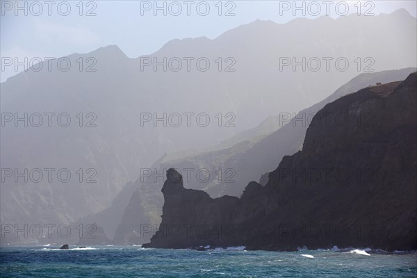 Atlantic Ocean and volcanic rocky coastline of the Island Santo Antao