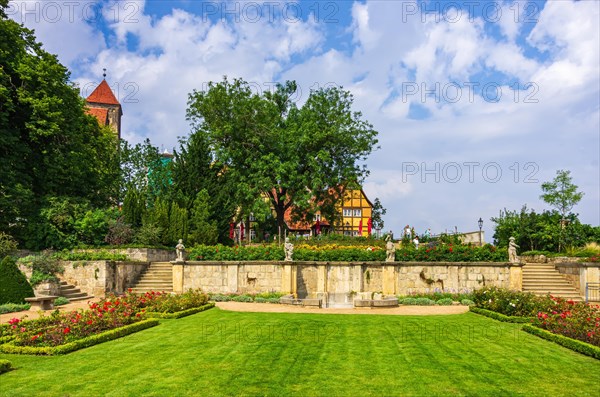 Abbey and castle garden with a view of the Collegiate Church of St. Servatius or St. Servatii