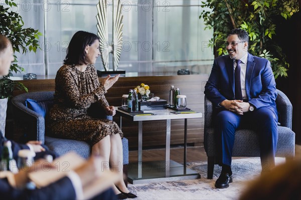 (L-R) Annalena Baerbock (Buendnis 90 Die Gruenen), German Foreign Minister, and Ahmed Awadh bin Mubarak, Foreign Minister of Yemen, photographed during a joint meeting in Jeddah, 16 May 2023. Baerbock is travelling to Saudi Arabia and Qatar during her three-day trip., Jeddah, Saudi Arabia, Asia