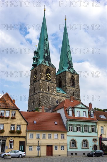 Street view of Poelkenstrasse with a view of the parish church of St. Nikolai in the historic Neustadt in the UNESCO World Heritage town