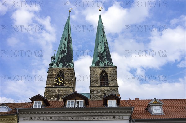 The towers of the parish church of St. Nikolai in the historic new town of Quedlinburg