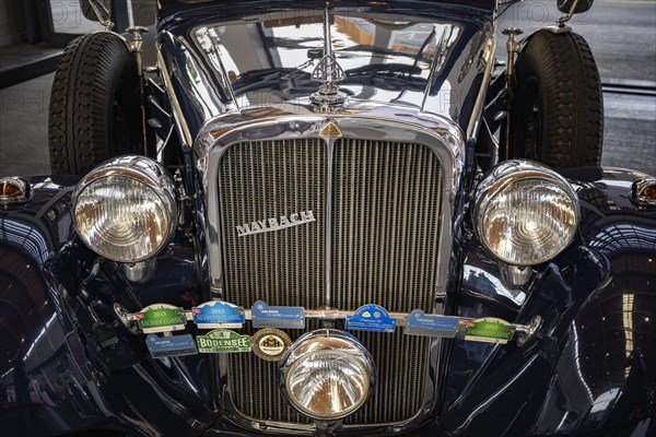 Close-up with brand emblem of a Maybach classic car type SW38 year of construction 1938