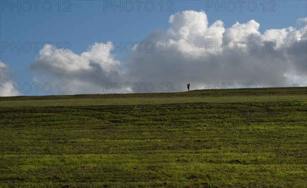 A woman takes a photo on the green former landfill site in Grossziethen