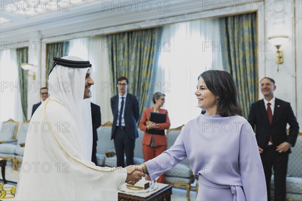 (R-L) Annalena Baerbock (Buendnis 90 Die Gruenen), Federal Minister of Foreign Affairs, and Sheikh Mohammed bin Abdulrahman bin Jassim Al Thani, Prime Minister and Minister of Foreign Affairs of Qatar, photographed during a joint meeting in Doha, 17 May 2023. Baerbock is travelling to Saudi Arabia and Qatar during her three-day trip., Doha, Qatar, Asia