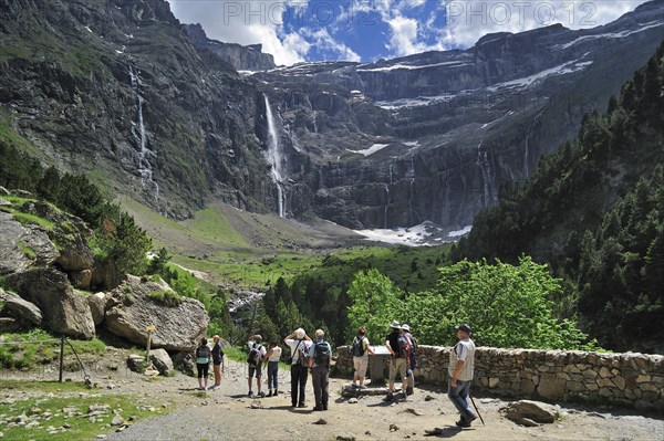 Tourists visiting the Cirque de Gavarnie and the Gavarnie Falls