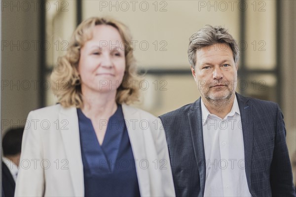(L-R) Steffi Lemke (Buendnis 90 Die Gruenen), Federal Minister for the Environment, Nature Conservation, Nuclear Safety and Consumer Protection, and Robert Habeck (Buendnis 90 Die Gruenen), Federal Minister for Economic Affairs and Climate Protection and Vice Chancellor, recorded during the press conference prior to the handing over of the OECD Environment Review Report to the Federal Minister for the Environment and the OECD Economic Report to the Federal Minister for Economic Affairs in Berlin, 08 May 2023., Berlin, Germany, Europe