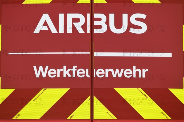 Airbus plant fire brigade lettering on the back of a fire engine at Hamburg Finkenwerder Airport