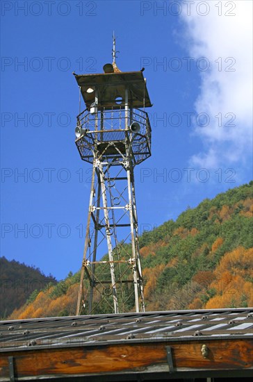 Fire lookout tower at Narai-juku traditional small town in Nagano Japan