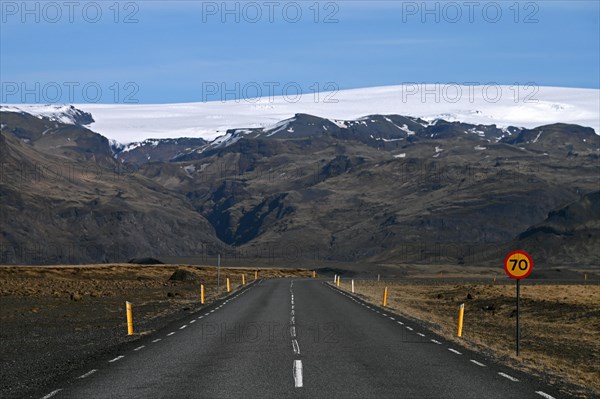 Road 221 on the south coast with a view of the Myrdalsjoekull glacier