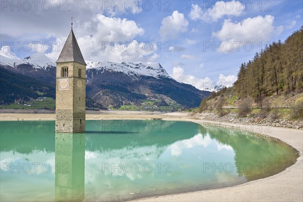 Church tower in Lake Reschen with low water level