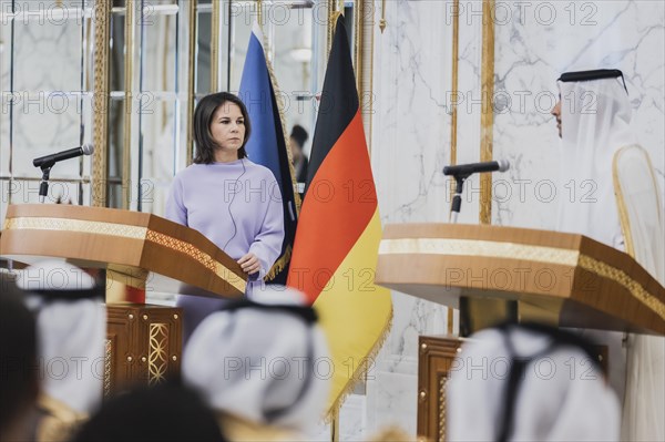 (L-R) Annalena Baerbock (Buendnis 90 Die Gruenen), Federal Minister for Foreign Affairs, and Sheikh Mohammed bin Abdulrahman bin Jassim Al Thani, Prime Minister and Minister of Foreign Affairs of Qatar, pictured during a joint press conference in Doha, 17.05.2023. Baerbock is travelling to Saudi Arabia and Qatar on her three-day trip., Doha, Qatar, Asia