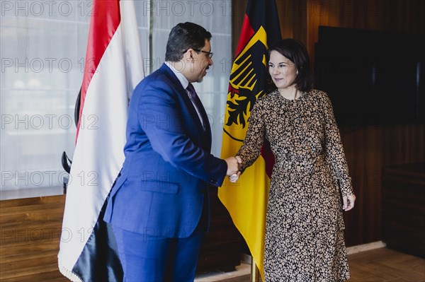 (R-L) Annalena Baerbock (Buendnis 90 Die Gruenen), Federal Minister of Foreign Affairs, and Ahmed Awadh bin Mubarak, Foreign Minister of Yemen, photographed during a joint meeting in Jeddah, 16 May 2023. Baerbock is travelling to Saudi Arabia and Qatar during her three-day trip., Jeddah, Saudi Arabia, Asia
