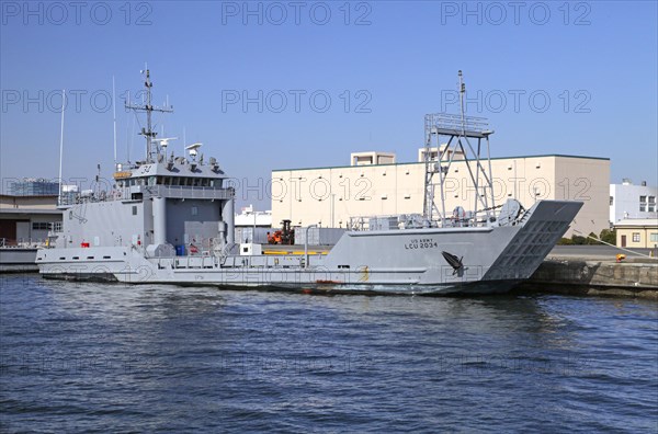 US Army LCU Runnymede class large landing craft at Yokohama port Kanagawa Japan Asia