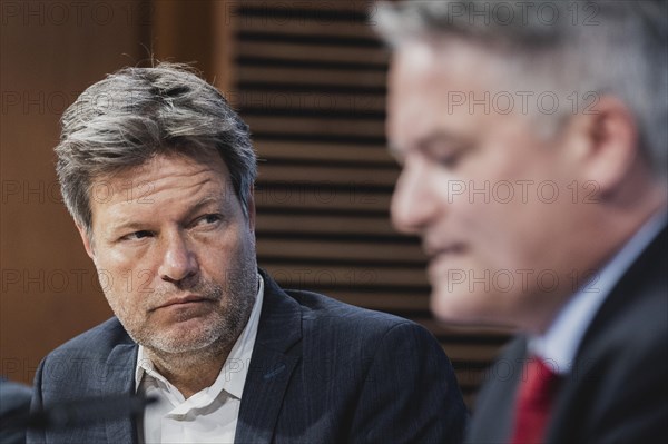 (L-R) Robert Habeck (Buendnis 90 Die Gruenen), Federal Minister for Economic Affairs and Climate Protection and Vice Chancellor, and Mathias Cormann, Secretary-General of the OECD (Organisation for Economic Co-operation and Development), recorded at the press conference for the handover of the OECD environmental review report to the Federal Minister for the Environment and the OECD economic report to the Federal Minister for Economic Affairs in Berlin, 08 May 2023., Berlin, Germany, Europe