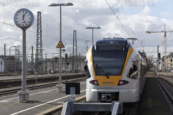 Eurobahn low-floor train stands at an empty platform