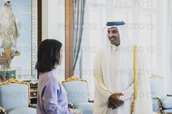 (L-R) Annalena Baerbock (Buendnis 90 Die Gruenen), Federal Minister for Foreign Affairs, and Sheikh Tamim bin Hamad bin Khalifa Al Thani, Emir of the State of Qatar, photographed during a joint meeting in Doha, 17 May 2023. Baerbock is travelling to Saudi Arabia and Qatar on her three-day trip., Doha, Qatar, Asia