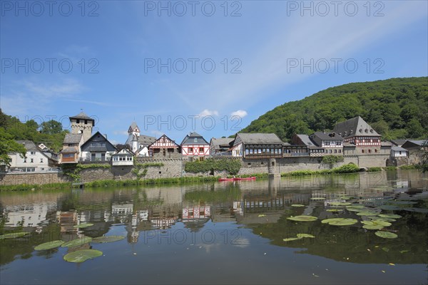 View of townscape with gate tower and houses on the Lahn