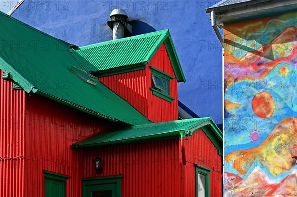 Colourful houses with corrugated iron cladding in Reykjavik