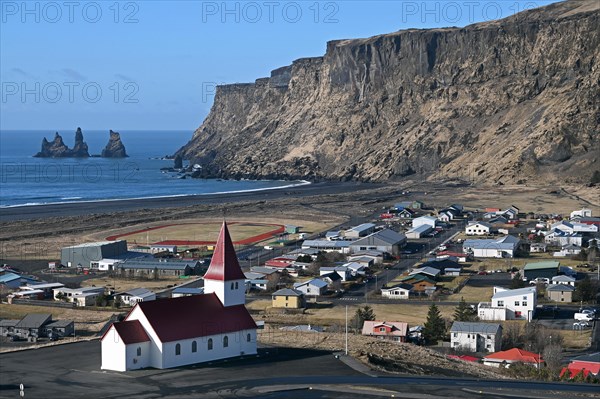 View of Vik and the church Vikurkirkja on the south coast of Iceland