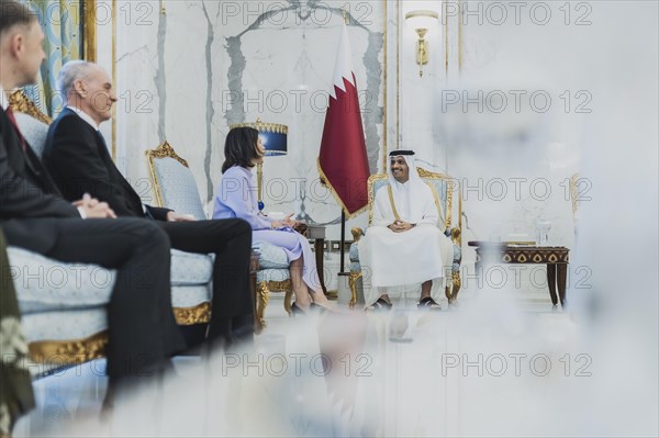 (L-R) Annalena Baerbock (Buendnis 90 Die Gruenen), Federal Minister for Foreign Affairs, and Sheikh Mohammed bin Abdulrahman bin Jassim Al Thani, Prime Minister and Minister of Foreign Affairs of Qatar, photographed during a joint meeting in Doha, 17.05.2023. Baerbock is travelling to Saudi Arabia and Qatar on her three-day trip., Doha, Qatar, Asia