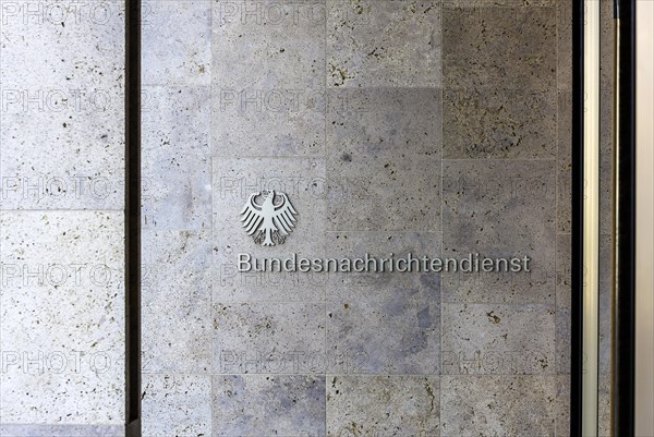 Lettering and federal eagle on the building of the Federal Intelligence Service BND